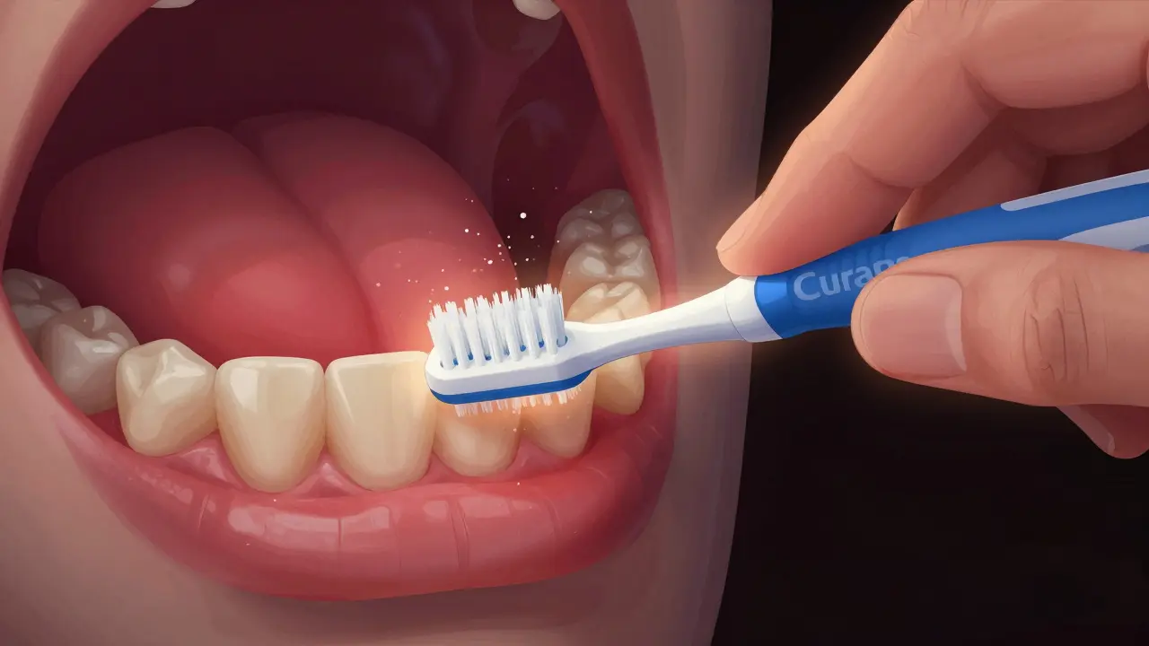 Ruka vkládá mezizubní kartáček mezi zuby s zánětlivými dásněmi.