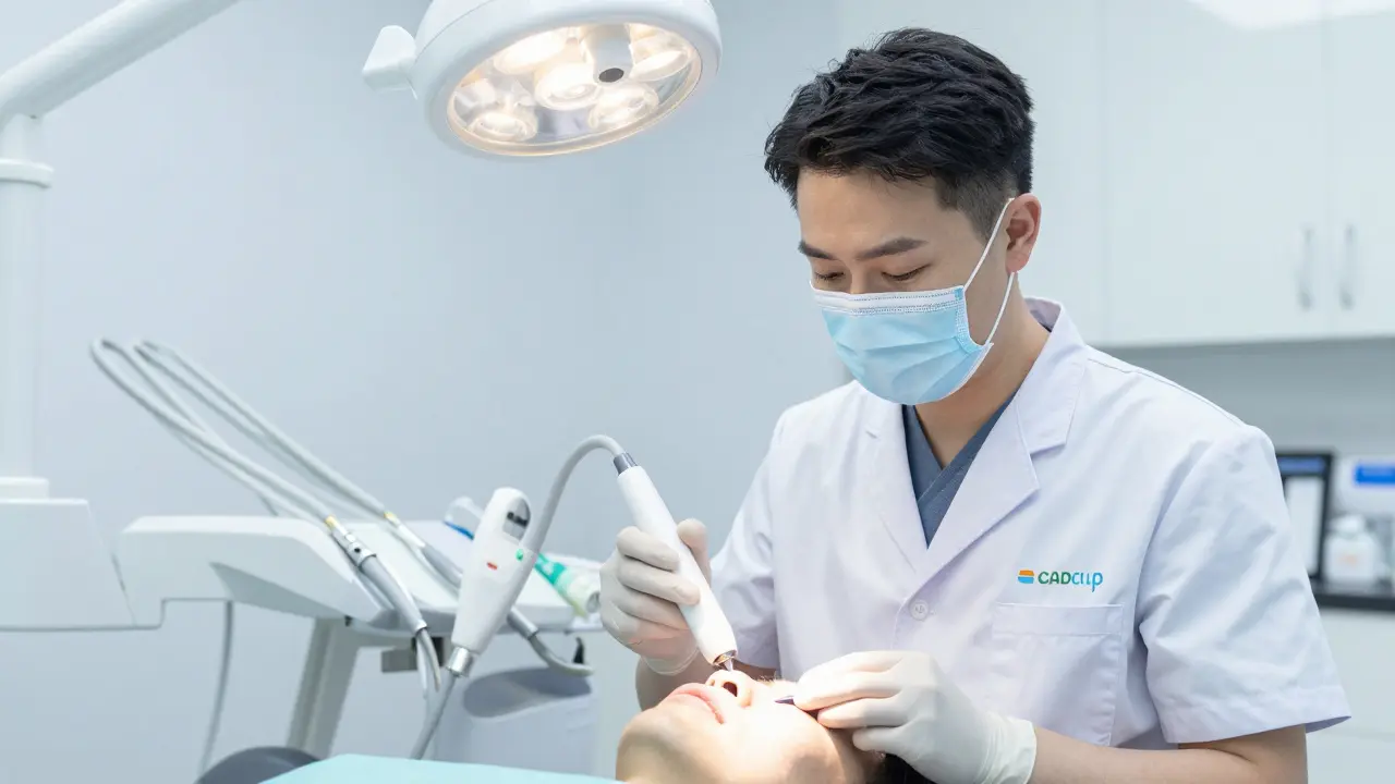 Stomatolog provádí digitální sken chrupu v moderní ordinaci