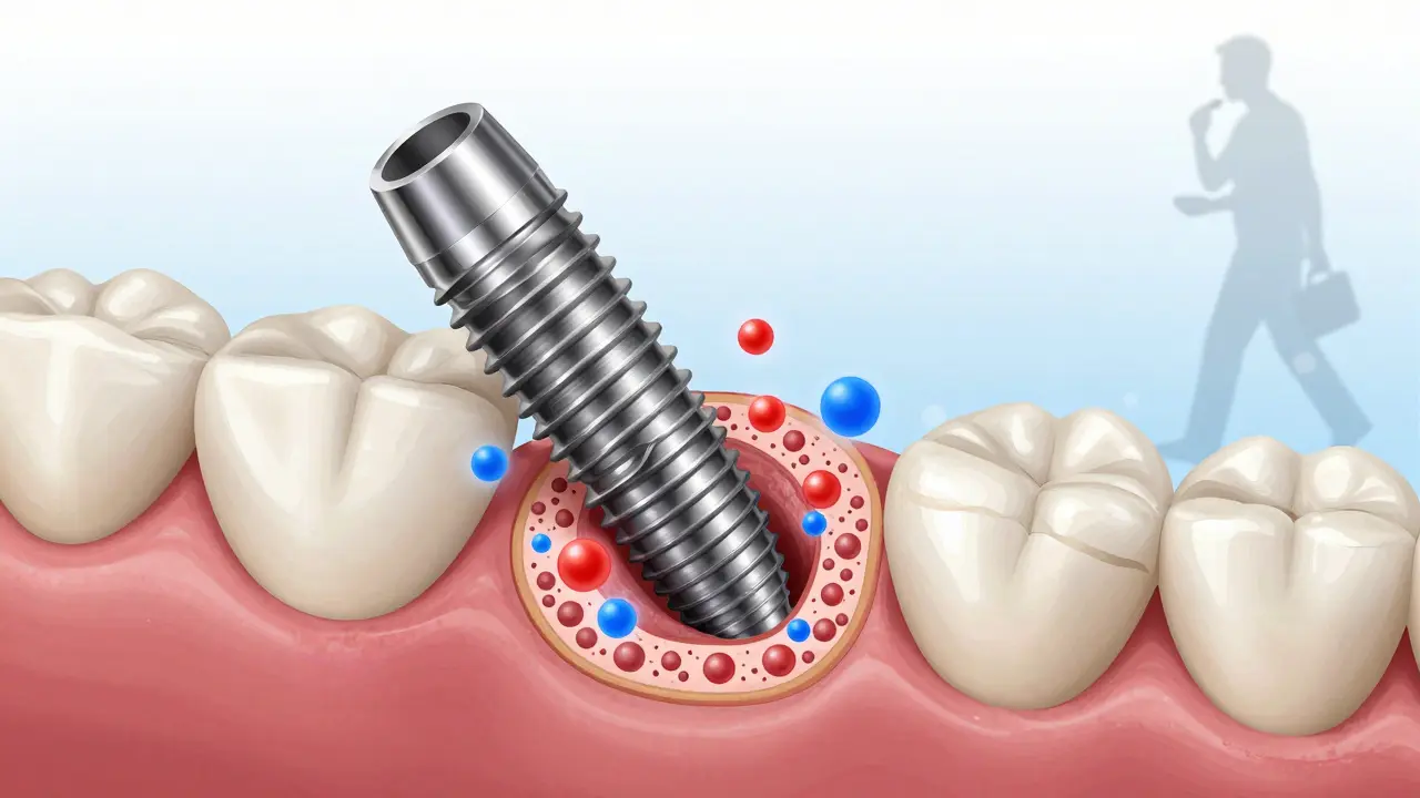 Titaničný implantát s mikroporézním povrchem se integruje do kosti s příznaky hojení.
