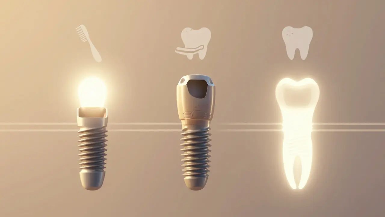 Tři časové úseky implantátu: 10, 20 a 30 let, všechny stabilní v kosti s symboly péče.