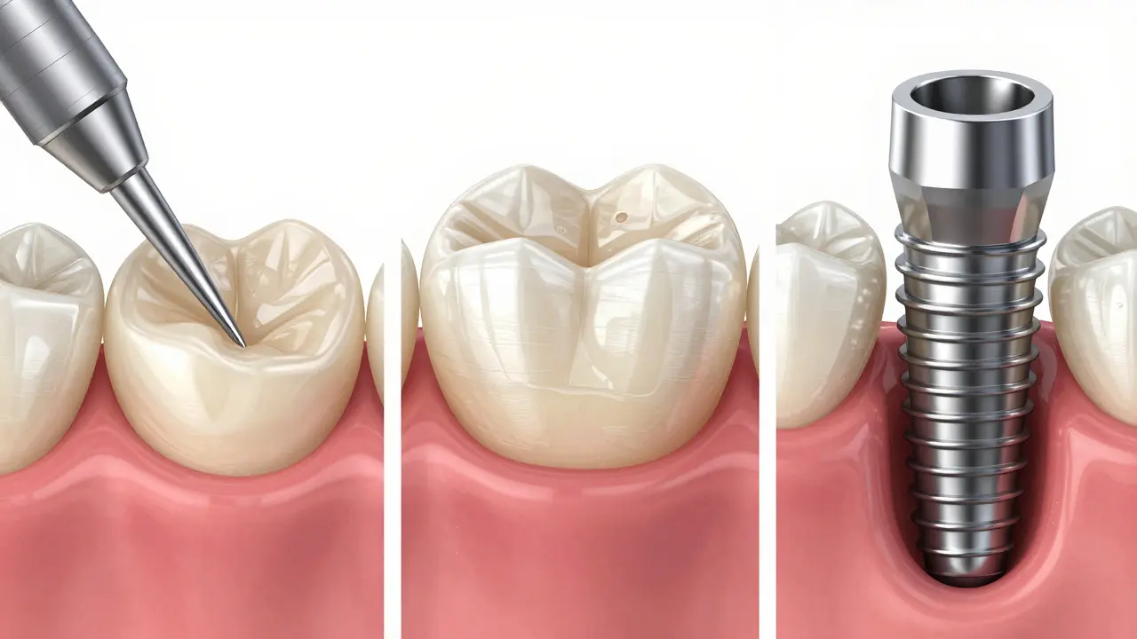 Tři druhy opravy předního zubu: kompozitní výplň, zirkoniová korunka a implantát.