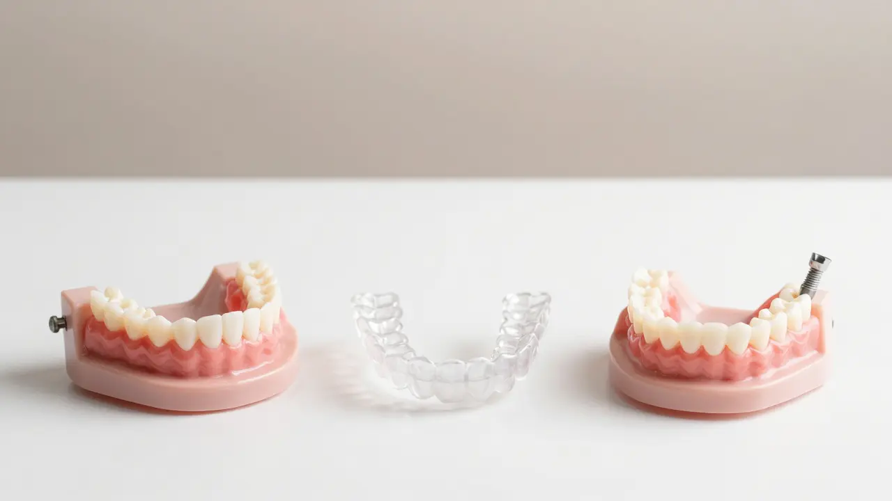 Tři moderní alternativy k kovovým rovnátkům: keramická, průhledná a minivis implantát.