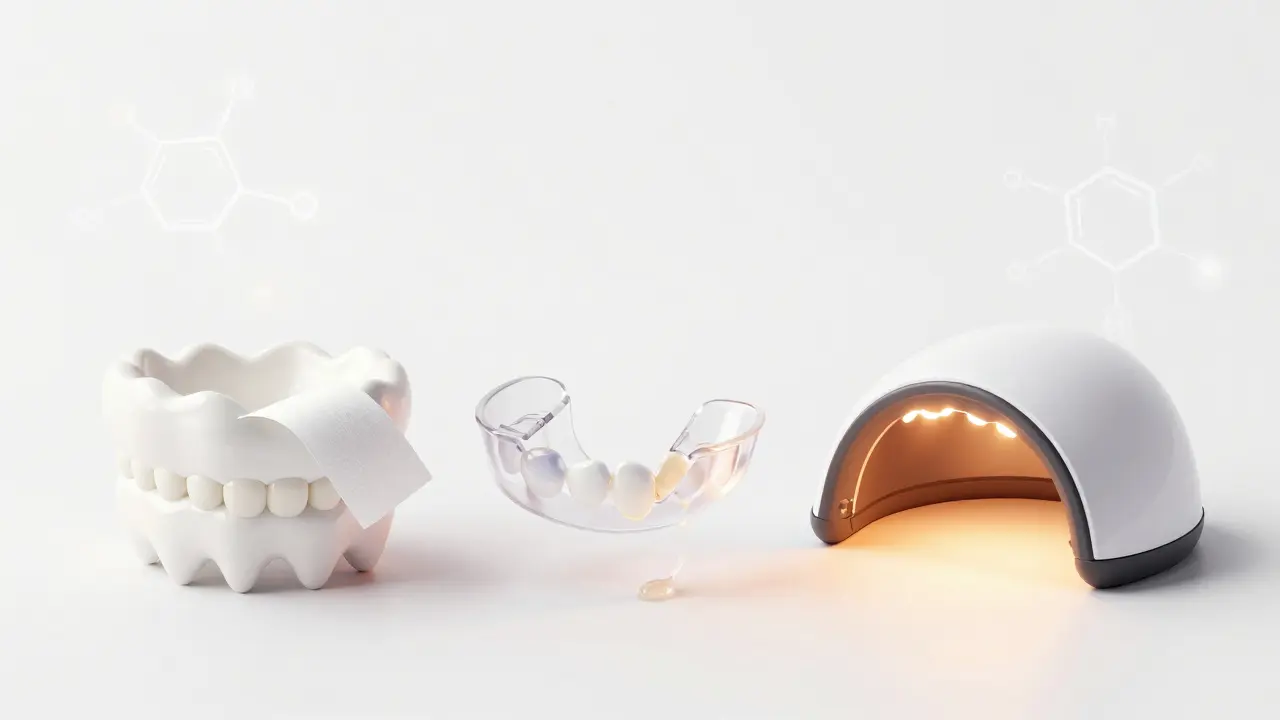 Tři typy domácích sad na bělení zubů: proužky, čepice a LED světlo, v minimalistickém prostředí.