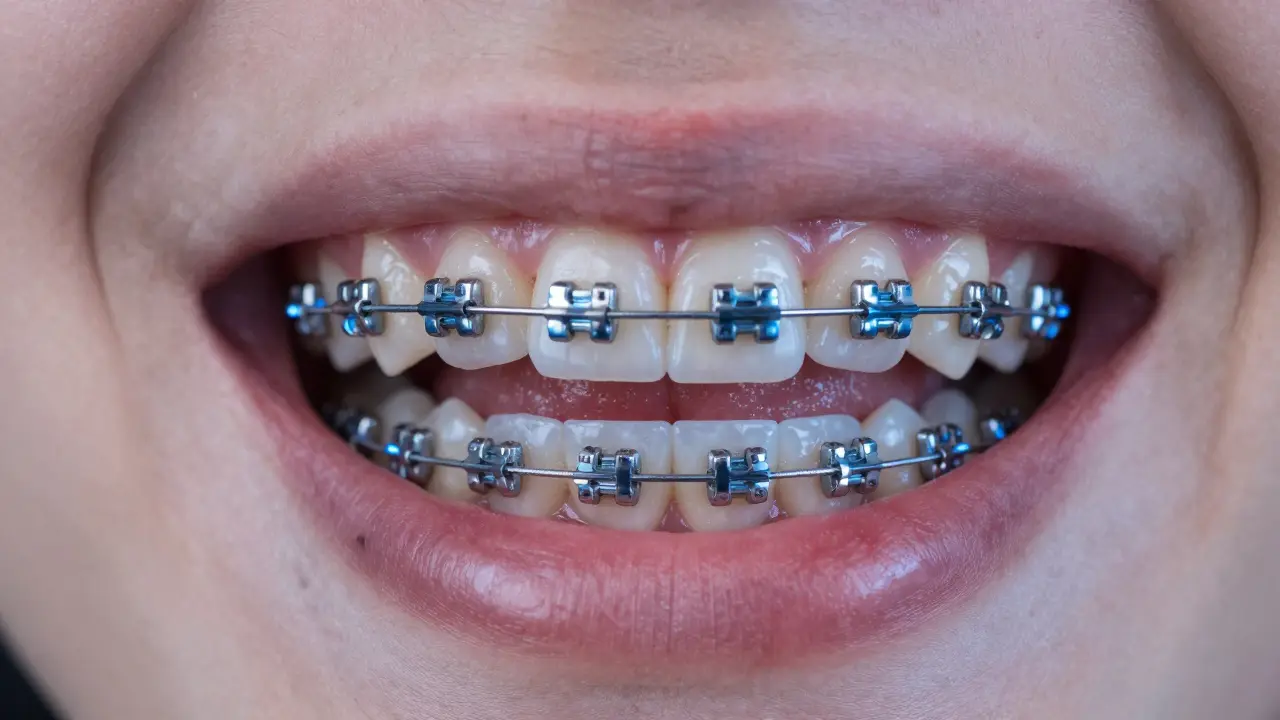 Vnitřní pohled na lingvální rovnátka připevněná k zadní straně zubů.