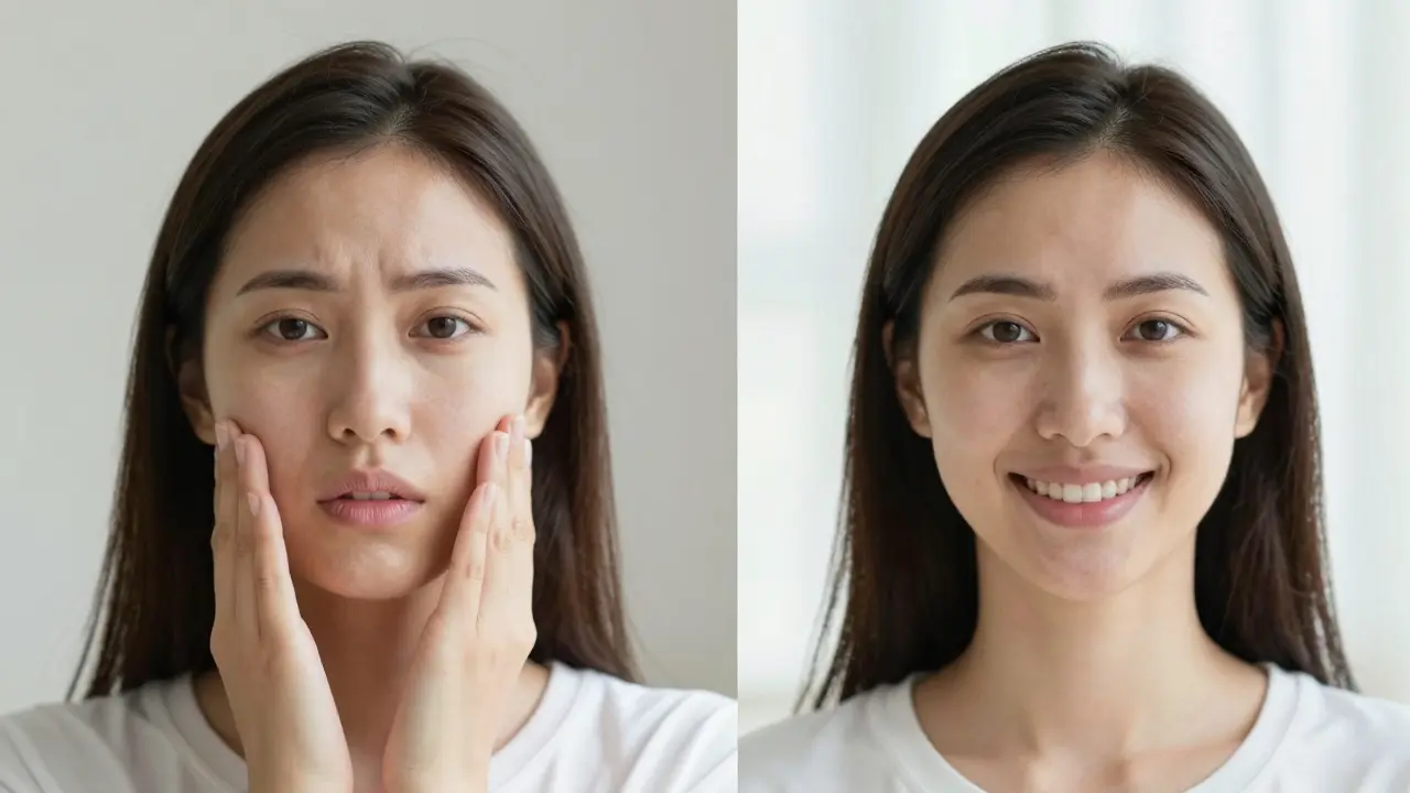 Žena po maxilofaciální operaci s přirozeným úsměvem a vyrovnanou tváří, ukazující zlepšení funkce a vzhledu.