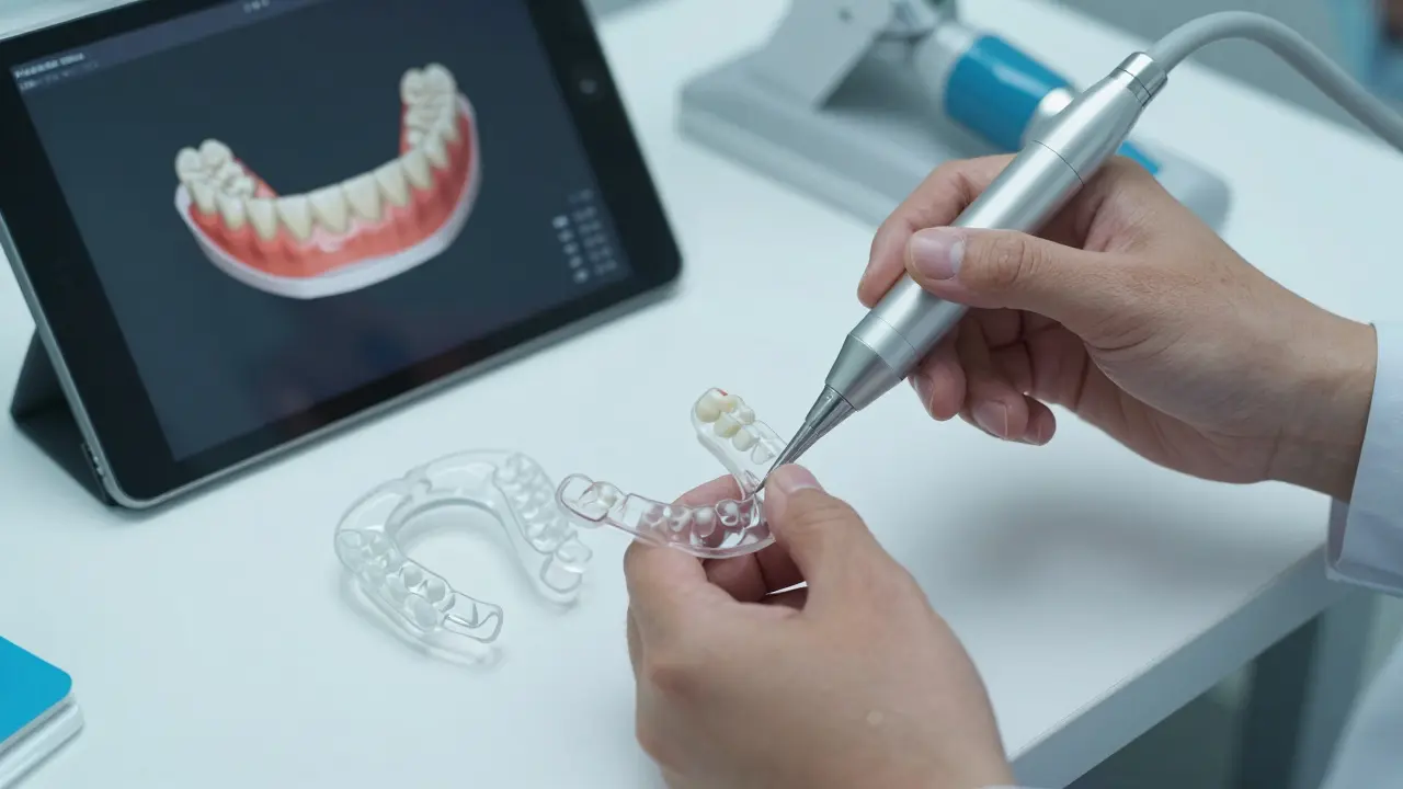 Zubní lékař používá 3D skener k vytvoření digitálního modelu zubů pacienta.