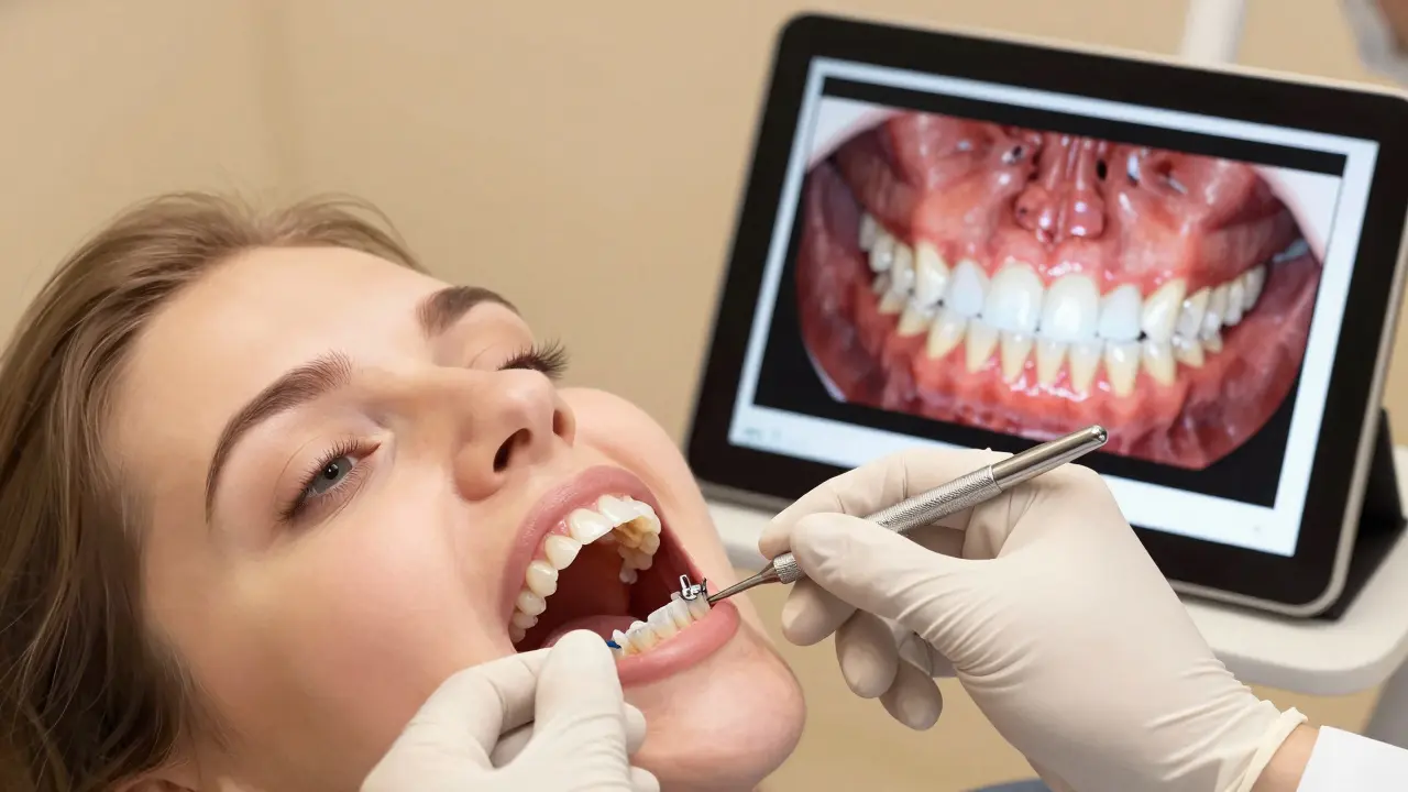 Zubní lékař při montáži keramických rovnátek s digitálním plánováním léčby na stole vedle.