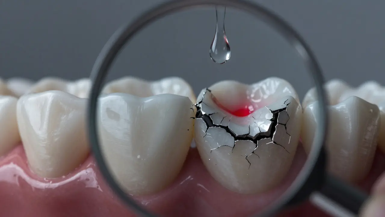 Zvětšený pohled na poškozenou sklovinu zubu způsobenou příliš silným bělícím gelem.