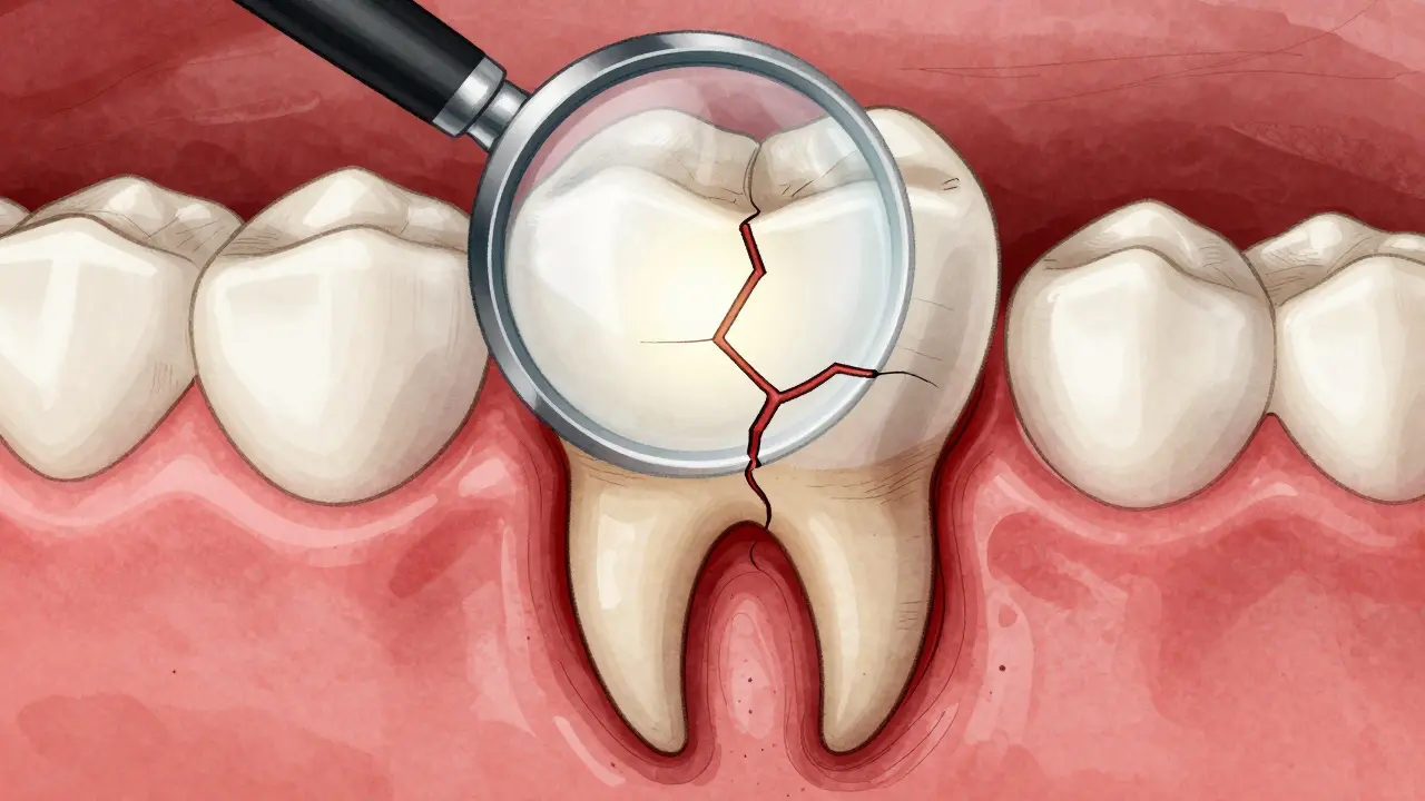 Zvětšený pohled na poškozený přední zub s vystaveným nervem a zánětem.