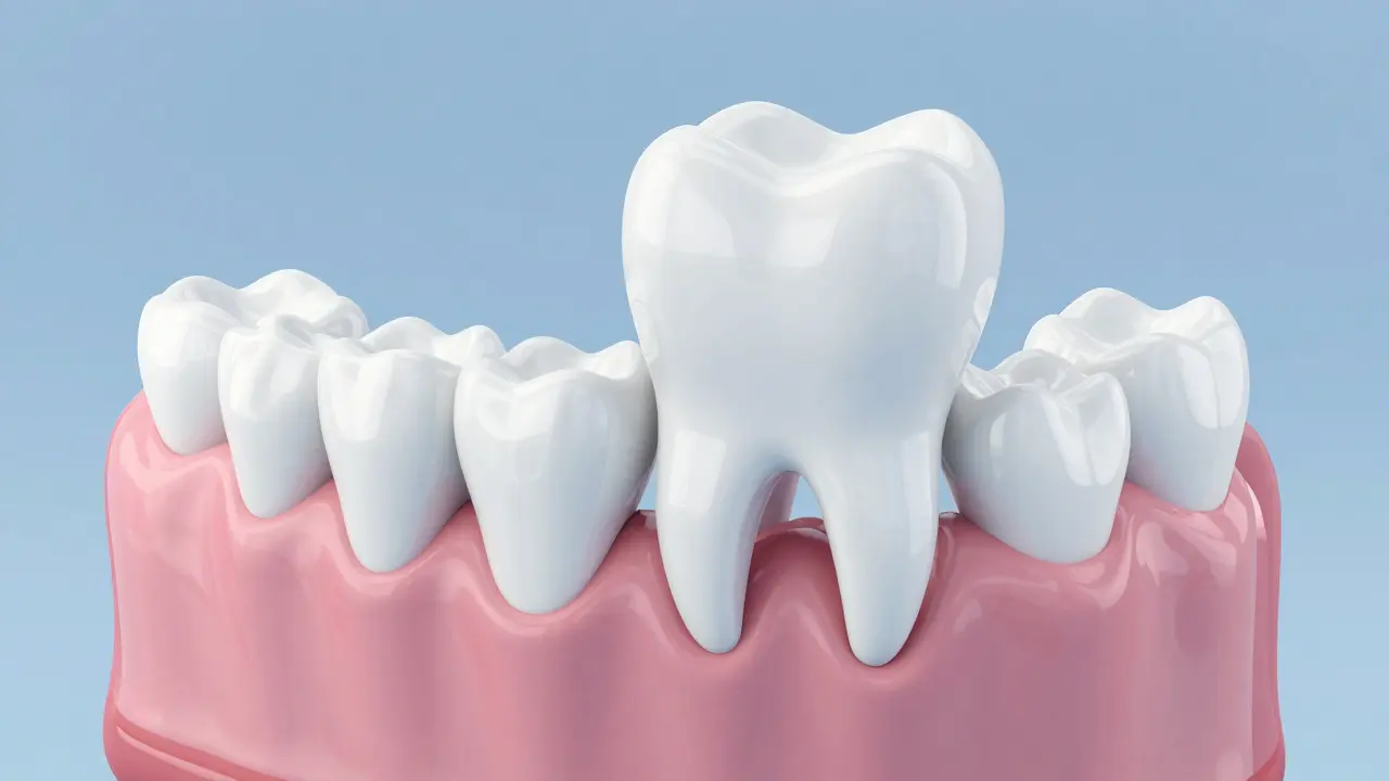 3D ilustrace čelisti dítěte znázornující růst stálého zubu za mléčným zubem.