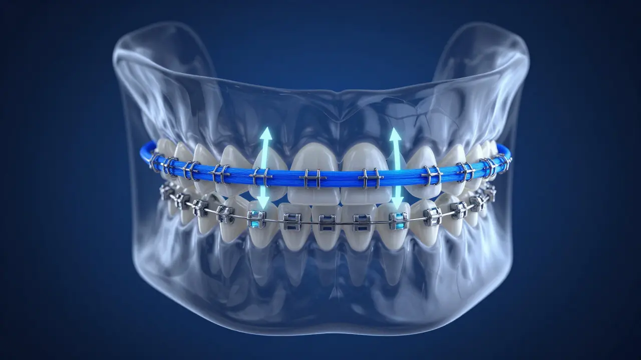 3D ilustrace čelistí s rovnátkem a modrou gumičkou znázornující tah