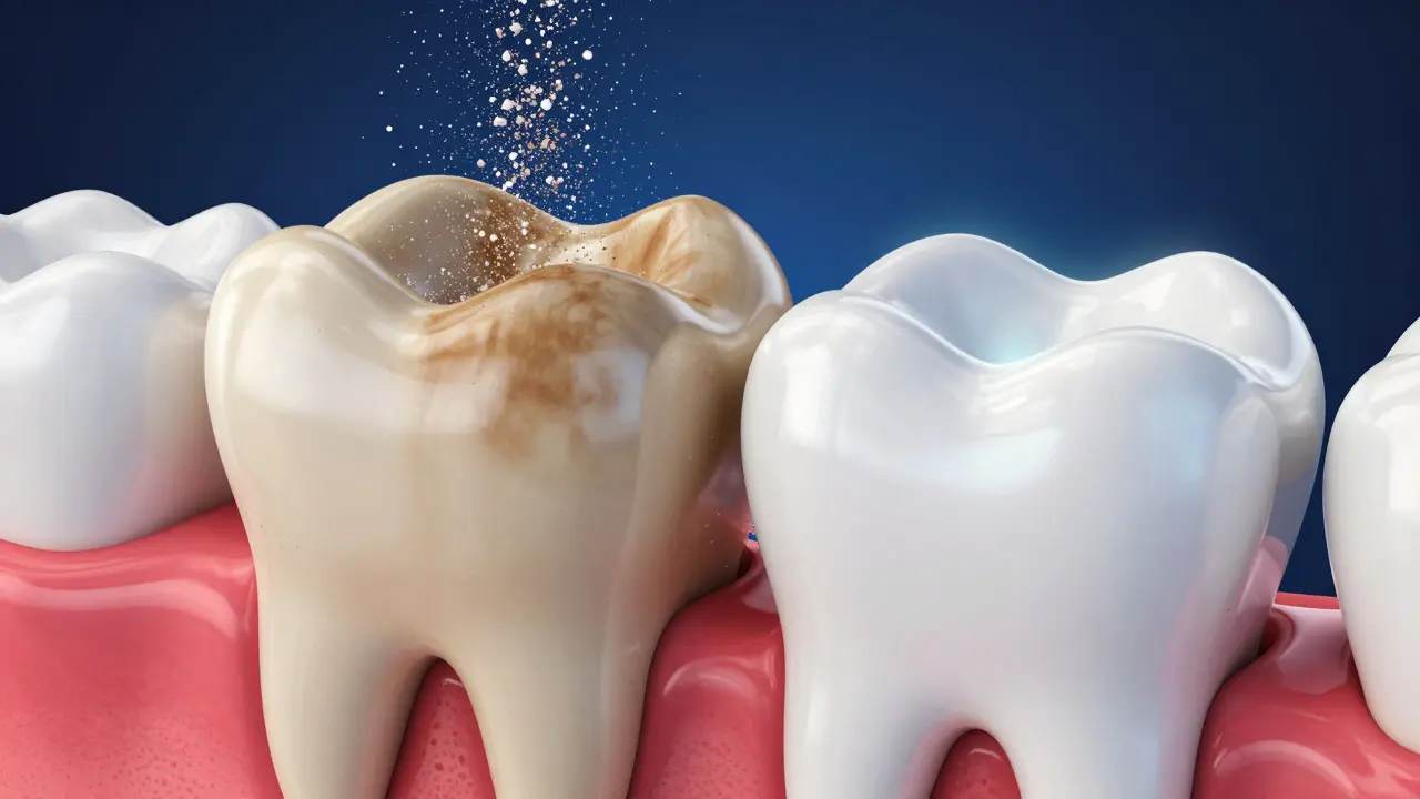 3D ilustrace mechanismu bělící pasty působící na zubní sklovinu.