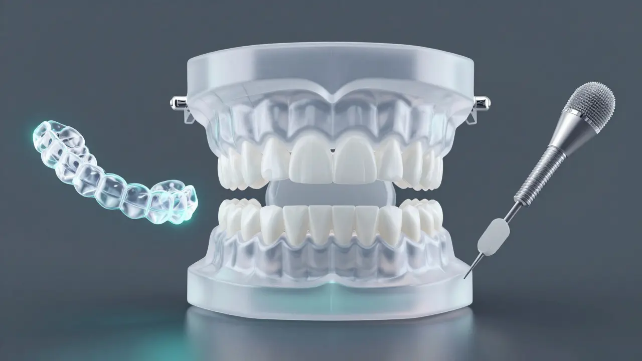 3D model zubů s holografickými symboly moderních metod korekce.