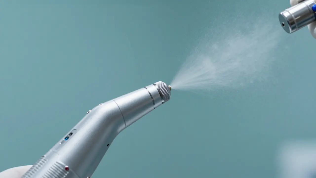 Detail profesionálních nástrojů hygienistky, ultrazvukového přístroje a Air-flow.