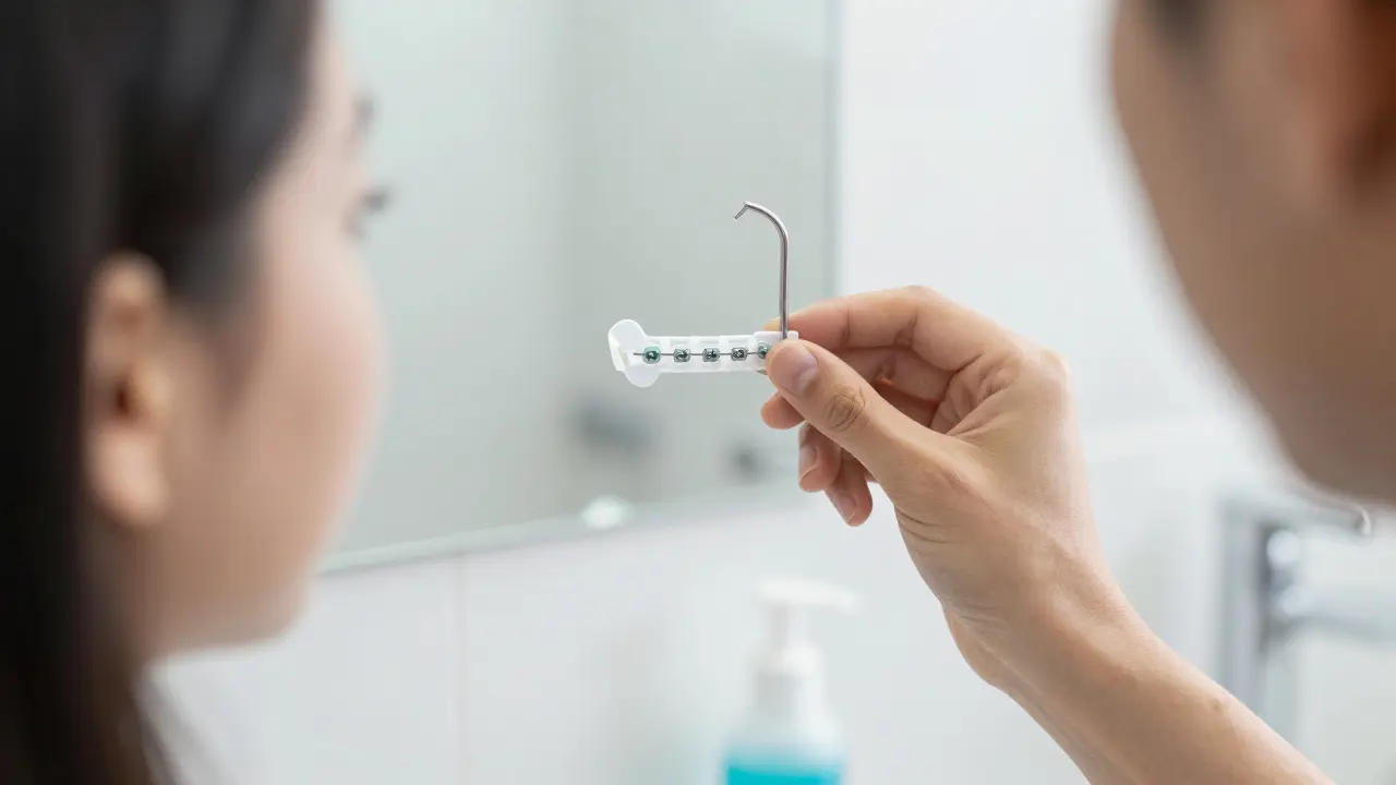 Detail ruky nasazující gumičku na rovnátka pomocí plastového háčku