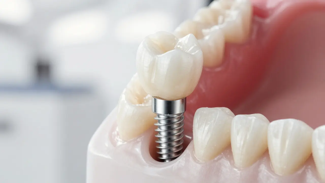 Detail titanového implantátu s keramickou korunkou v čelistním oblouku.