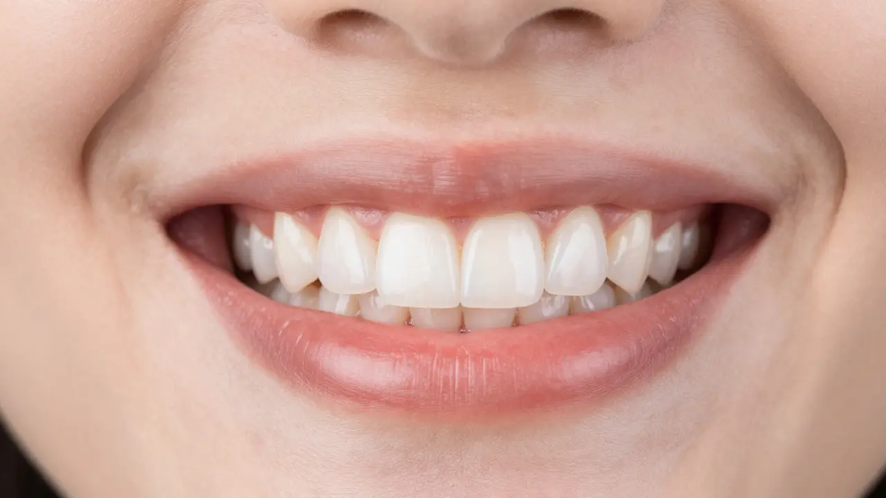 Detailní pohled na přirozeně vypadající celokeramické fazety s perfektním zastíněním.