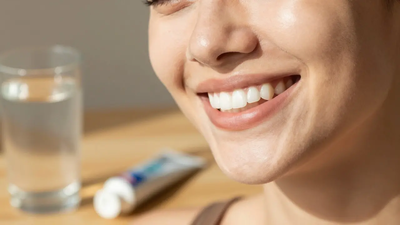 Detailní záběr na zářivý, bílý a zdravý úsměv šťastného člověka.