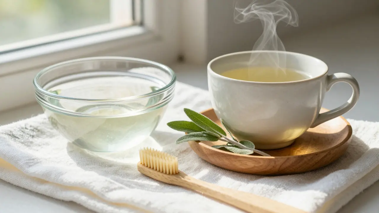Domácí prostředky pro úlevu dásní: šalvějový čaj, slaná voda a jemný kartáček.