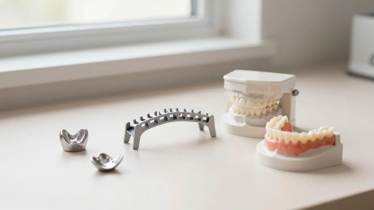 Kolekce moderních zubních náhrad včetně můstku a korunek na světlém podkladu.