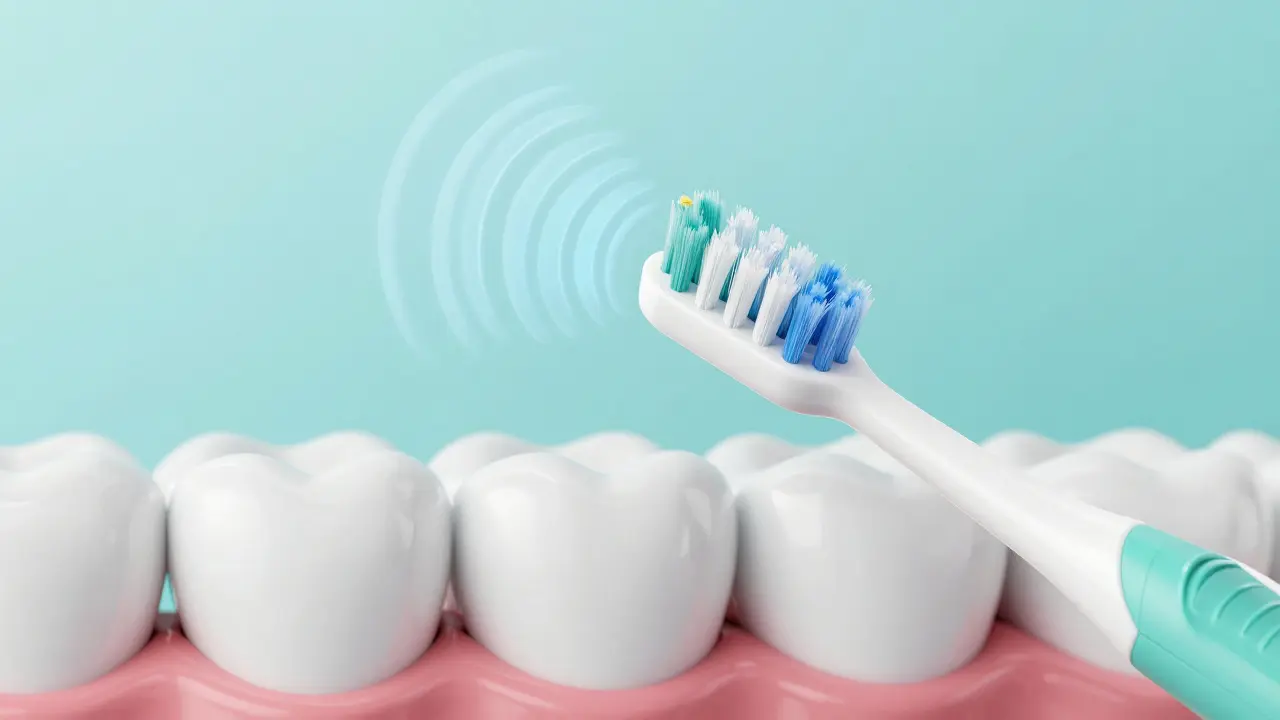 Konceptuální zobrazení správného úhlu 45 stupňů při čištění zubů sonikou.