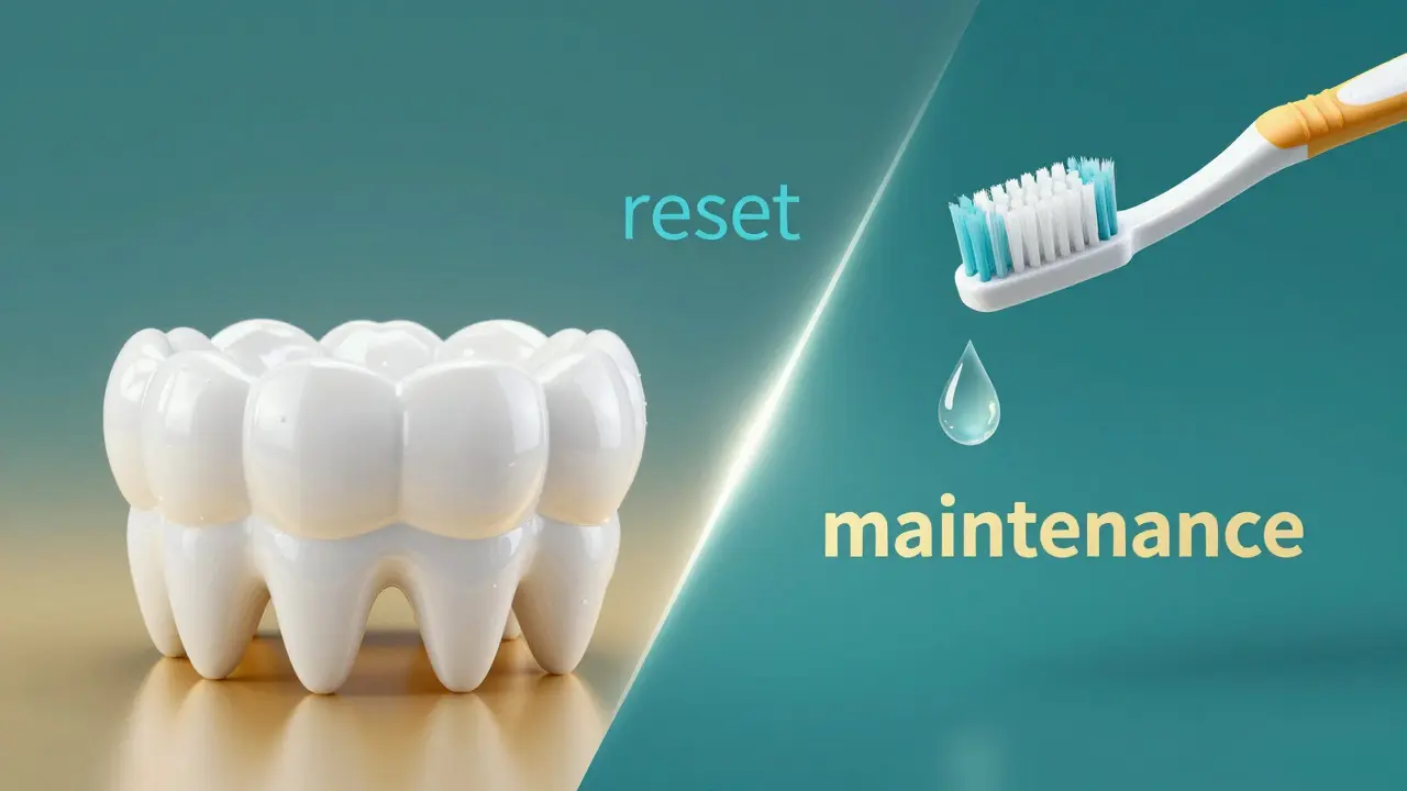 Konceptuální zobrazení synergie mezi profesionální a domácí péčou o zuby.