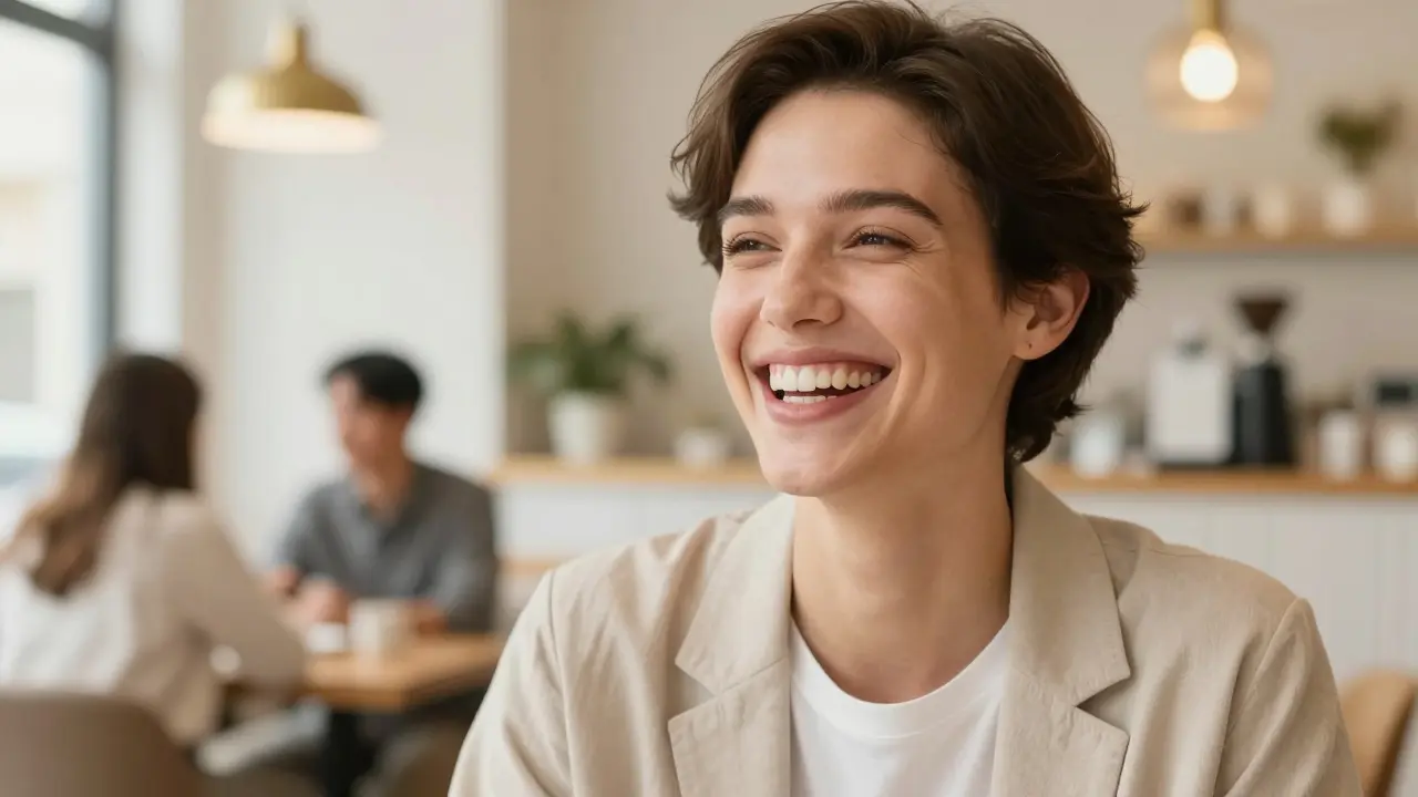 Krásně se smějící člověk s perfektním a přirozeně vypadajícím úsměvem v moderním prostředí.