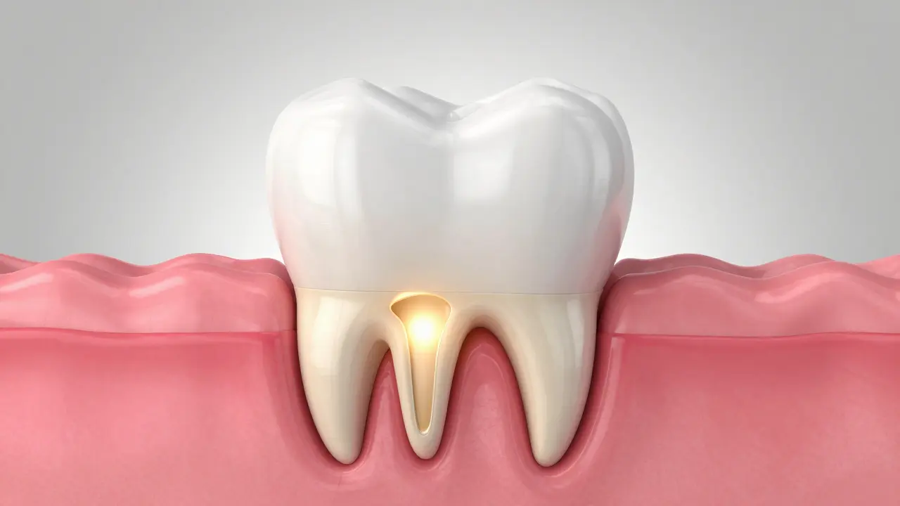 Kresba procesu hojení dásně a zubu po kyretáži.