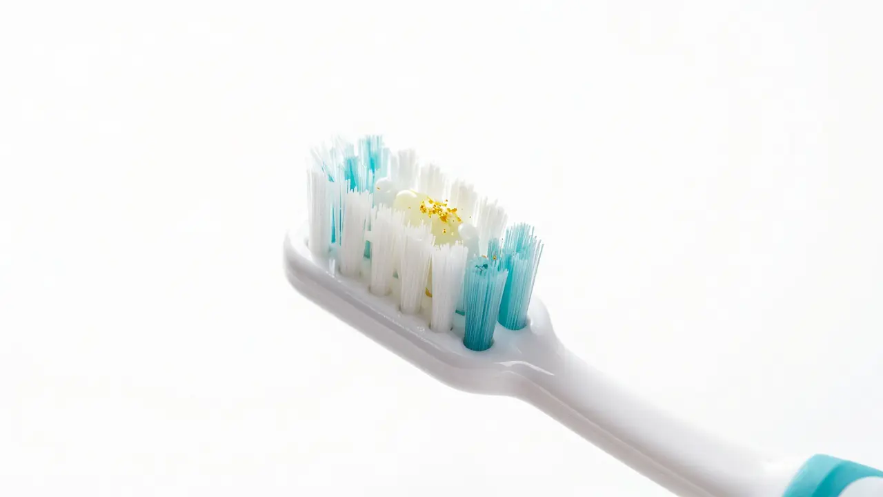 Kulatá hlavička oscilačního kartáčku precizně čistící povrch jednoho zubu.