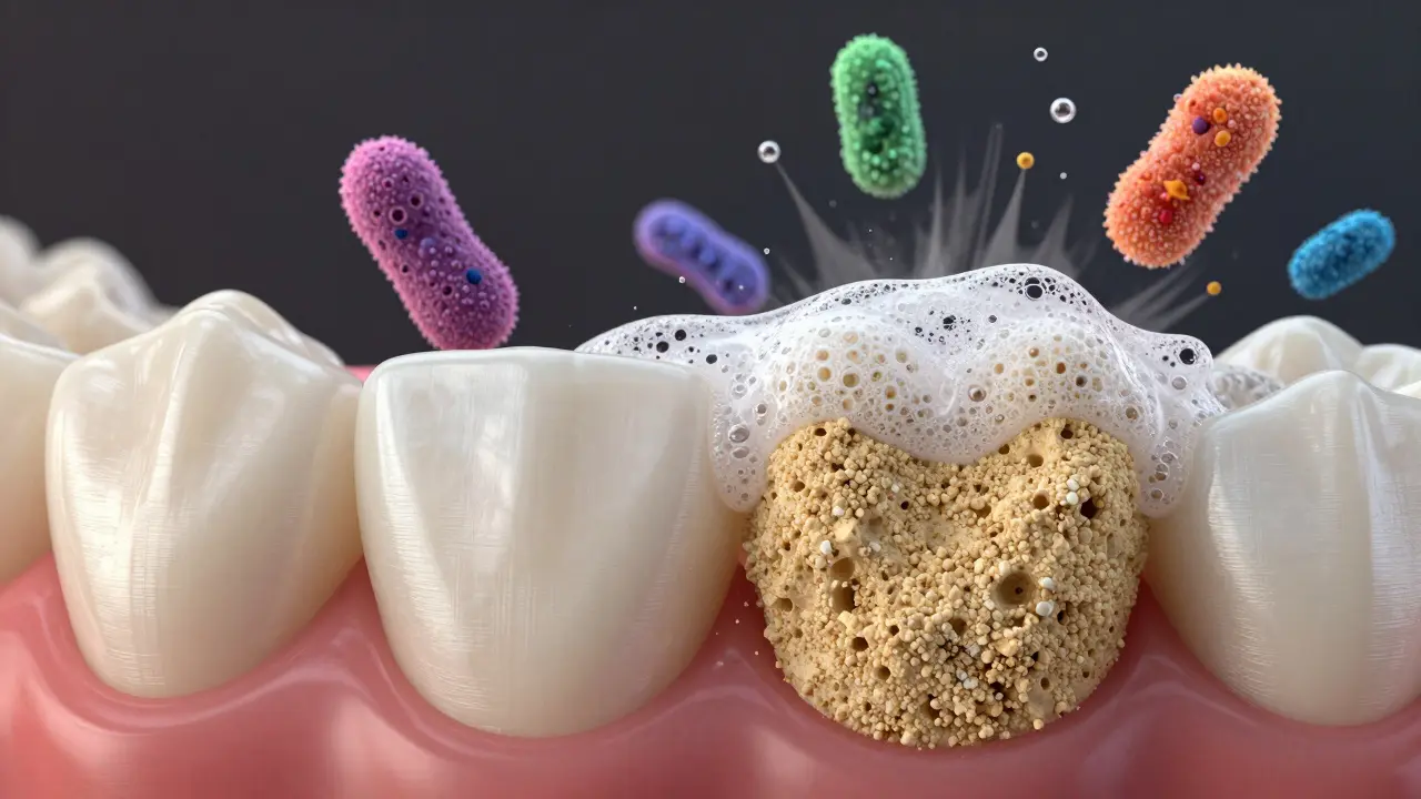 Makro detail povrchu zuba skloviny s abrazivními částicemi a pěnivou bělící pastou.