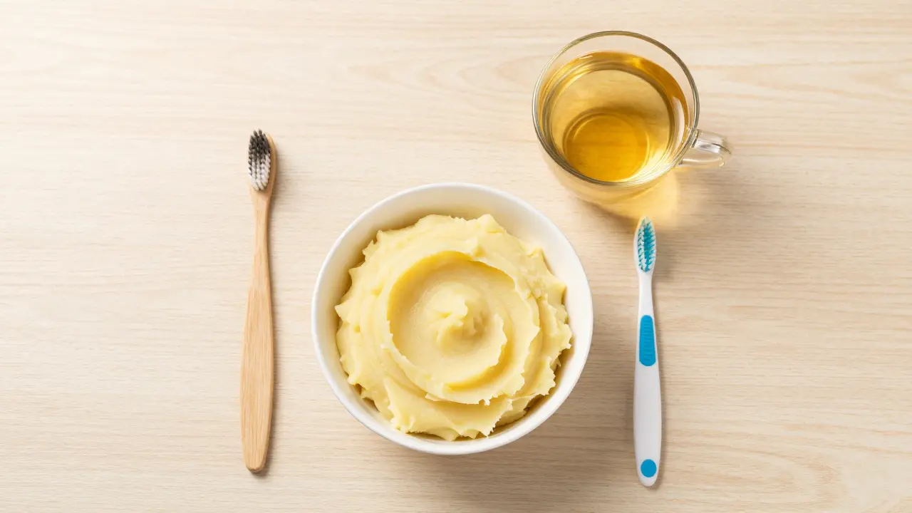 Měkké potraviny, jemný kartáček a mezizubní kartáček na stole.