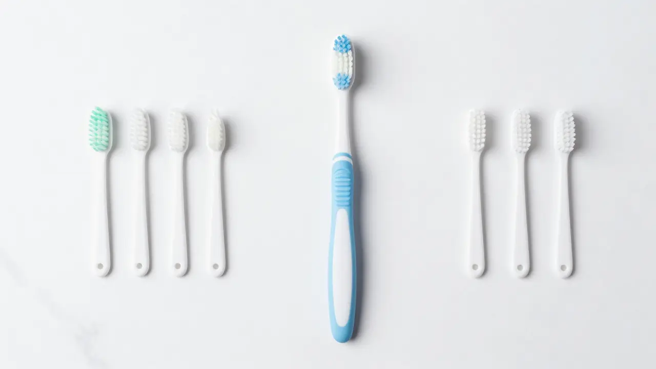 Měkký zubní kartáček a mezizubní jehličky na bílém mramoru pro prevenci zánětů.