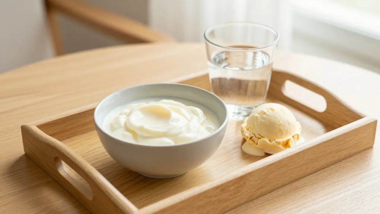 Misky s jogurtem a zmrzlinou jako doporučená jemná strava po zubařském zákroku.