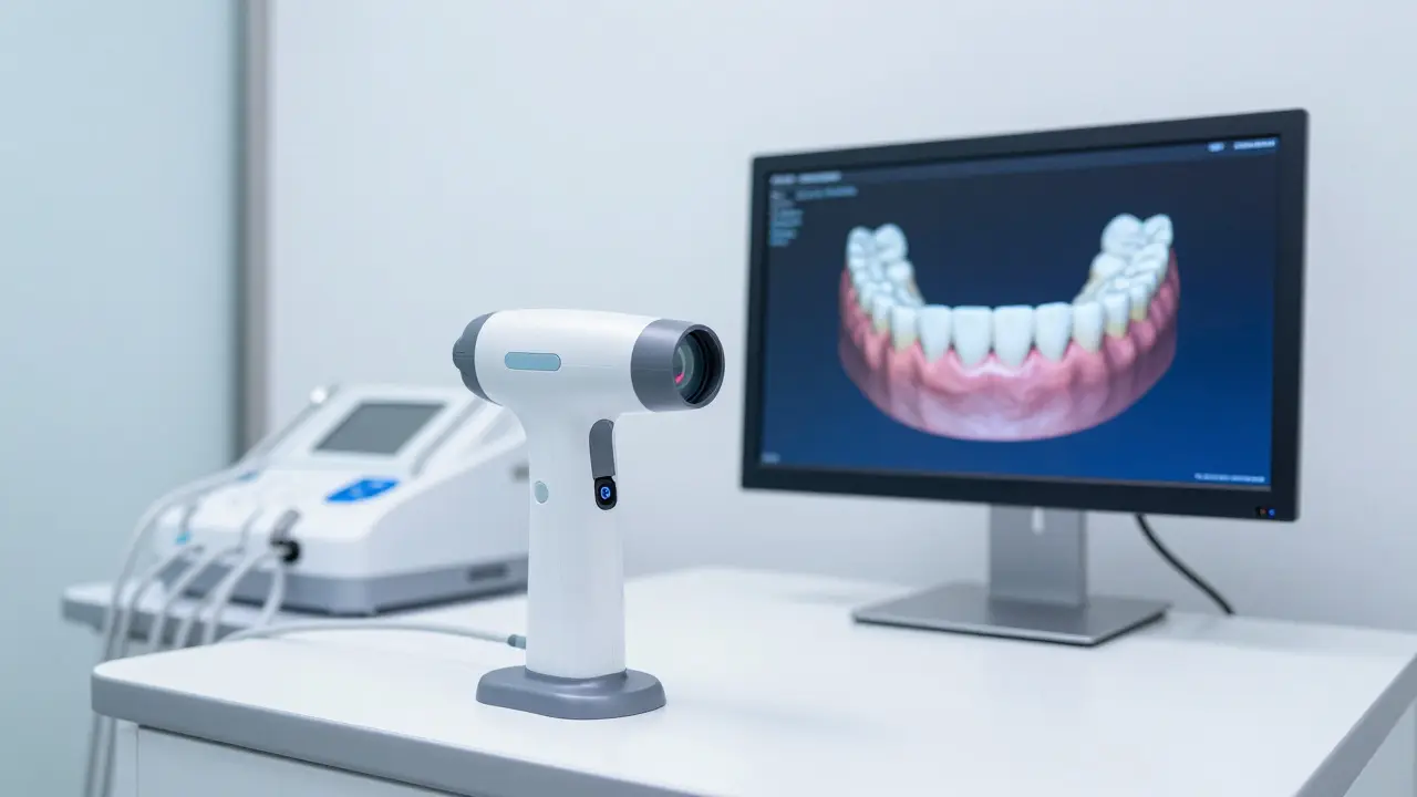 Moderní intraorální skener v zubní ordinaci vytvářející digitální 3D model zubů.