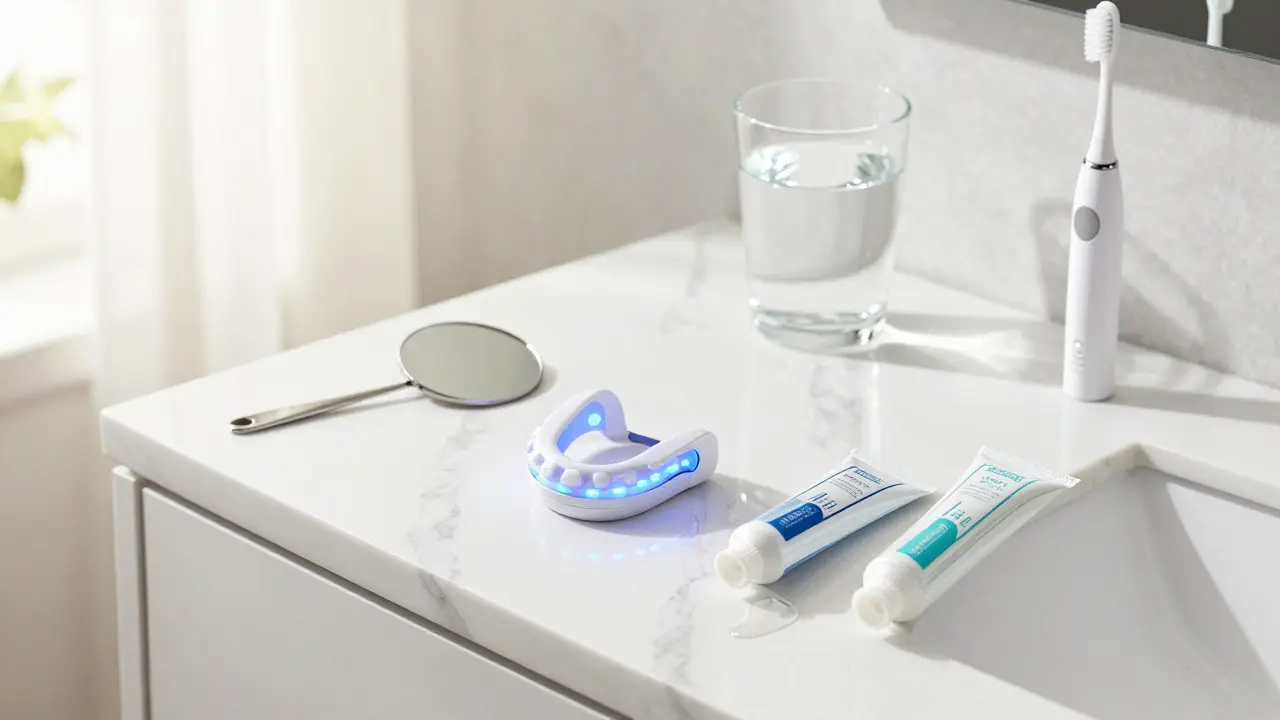 Moderní sada na bělení zubů s LED světlem a sonickým kartáčkem na mramoru.