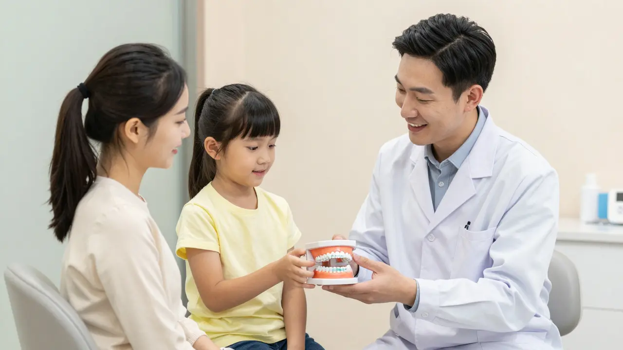 Ortodont doprovází dítě a rodiče u modelu čelisti v moderní ordinaci.