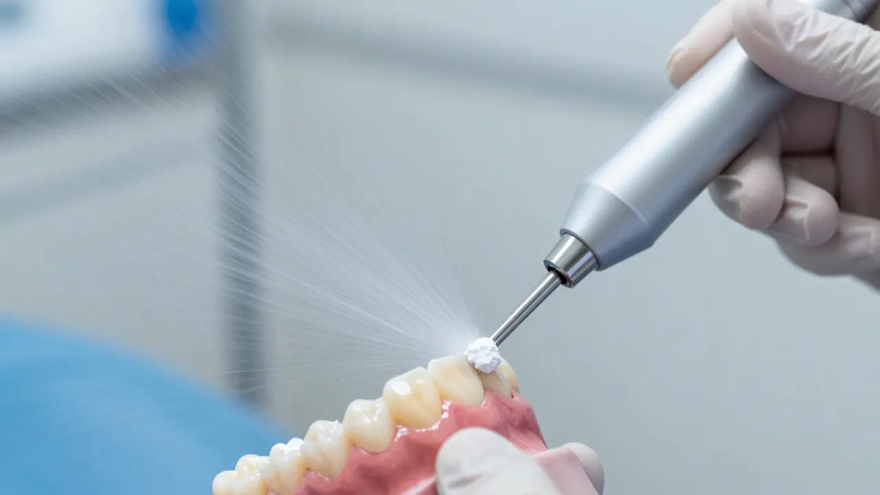 Profesionální Air-flow čištění zubů odstraňující nikotinové usazeniny.