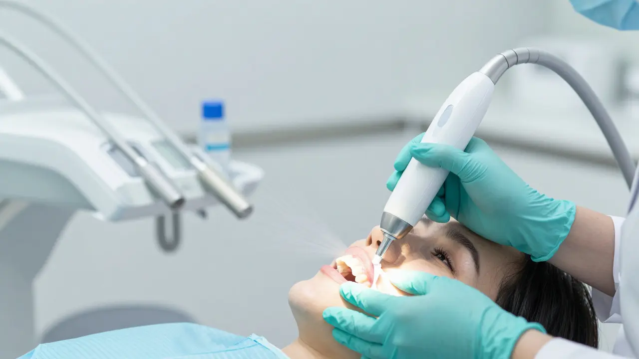 Profesionální čištění zubů metodou Airflow v moderní zubní ordinaci.