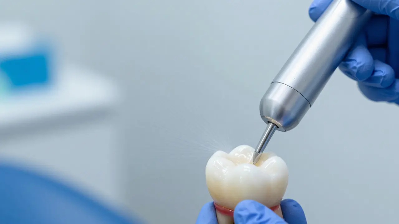 Profesionální ultrazvukové čištění zubů od zubního kamene v klinickém prostředí.