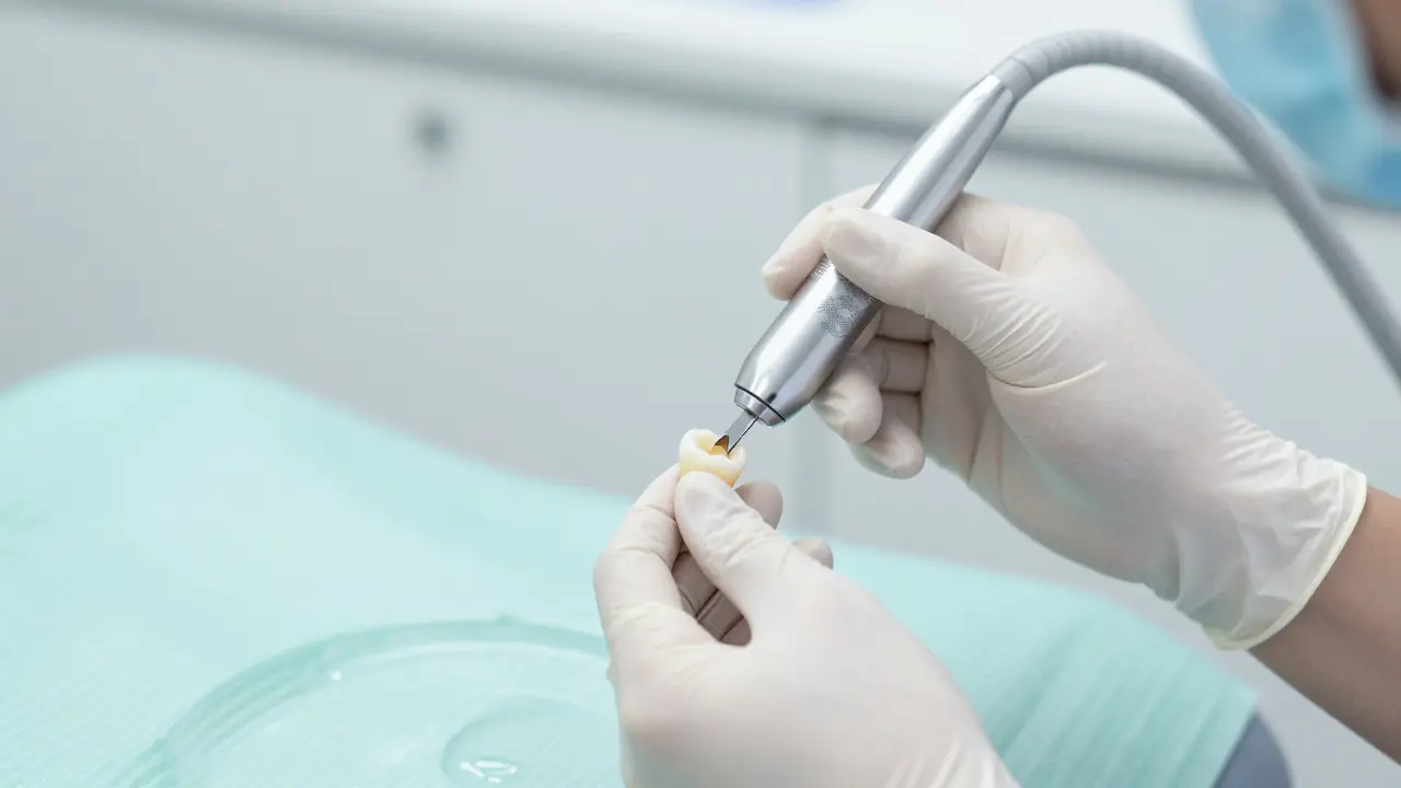 Profesionální zubní čištění v moderní klinice zaměřené na šetrné odstranění skvrn.