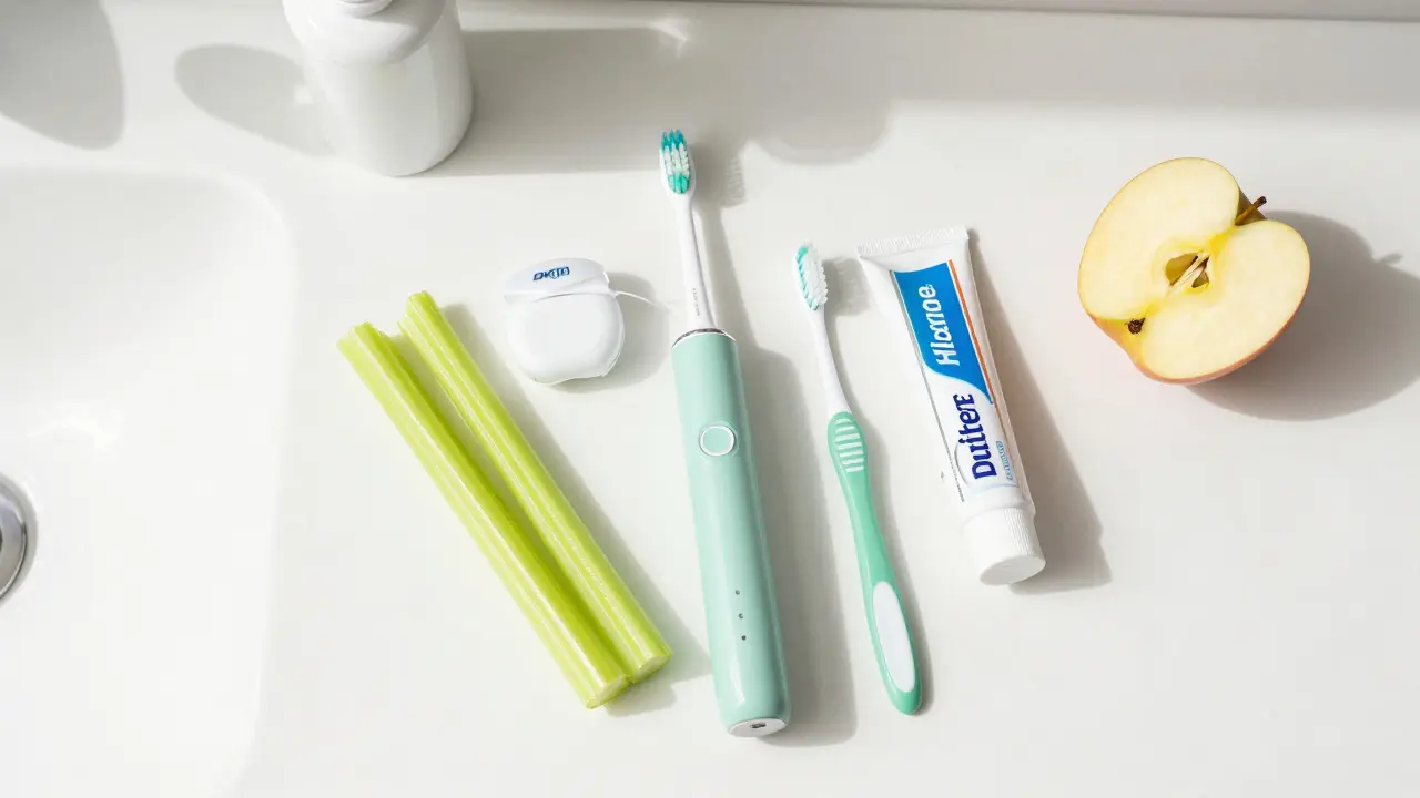 Sada pomůcek pro dentální hygienu a zdravé potraviny na koupelnové poloce.