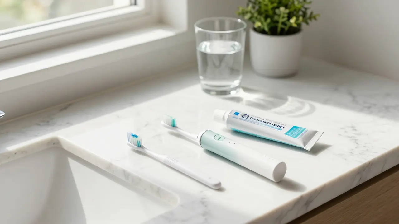 Sada pomůcek pro ústní hygienu na mramorovém pultu v koupelně v ranním světle.