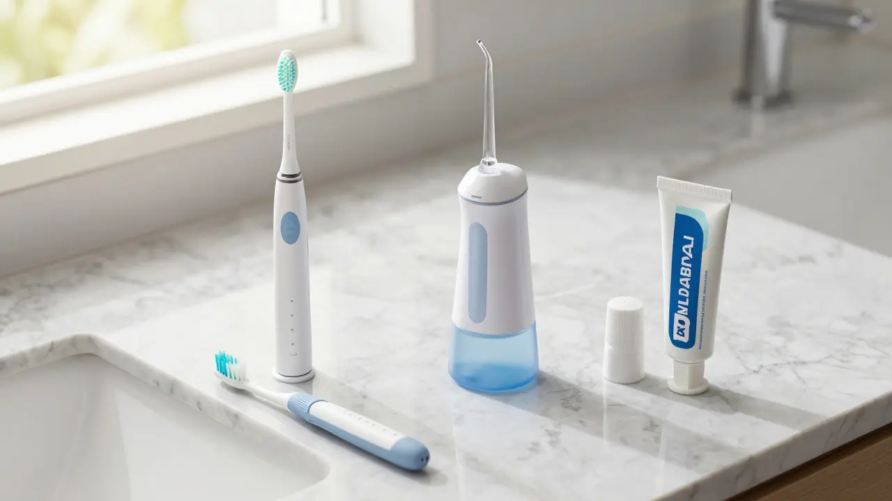 Sada pro kompletní dentální hygienu včetně sonického kartáčku a irigátoru.