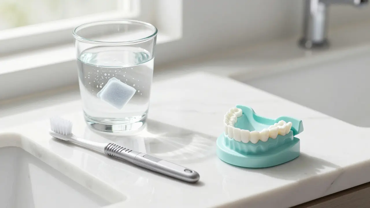 Sada pro péči o nasazovací zuby: speciální kartáček, čisticí tableta a úložný box.