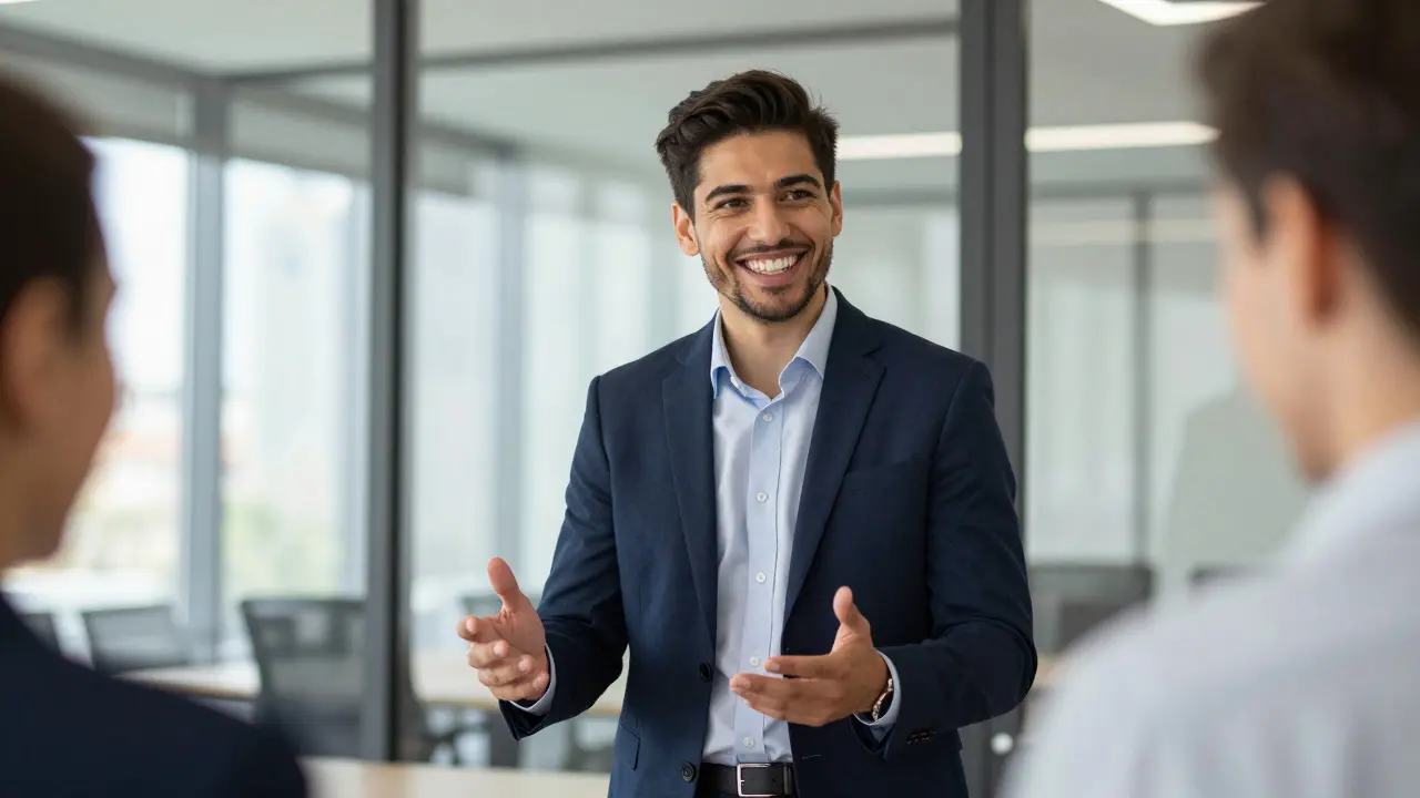 Sebevědomý profesionál s krásným úsměvem během pracovní schůzky v moderní kanceláři.