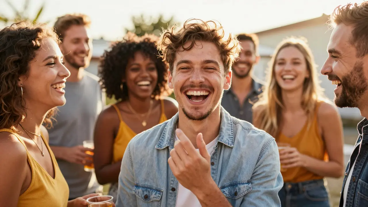 Skupina přátel se směje, jeden z nich má viditelnou mezeru mezi zuby.