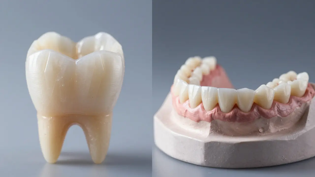 Srovnání levné plastové sady zubů a profesionální keramické protézy na modelu čelisti.