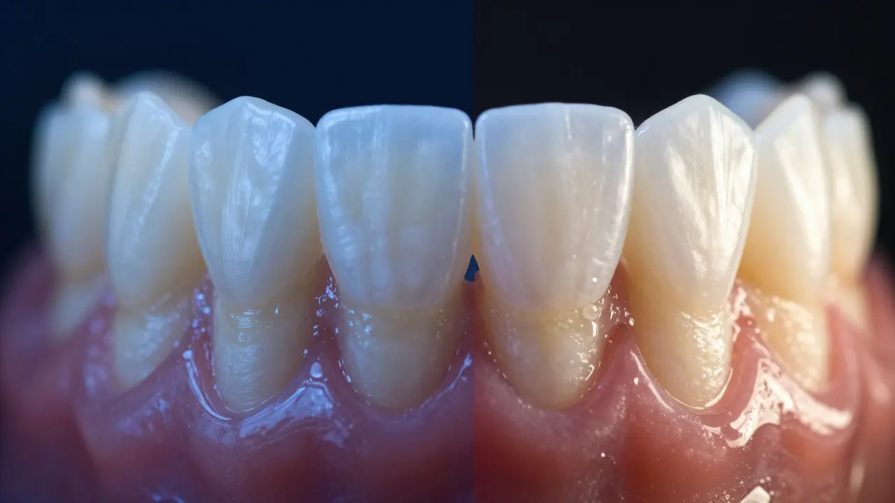 Srovnání nepřirozeného plastového krytu zubu s profesionálním kompozitním povrchem.