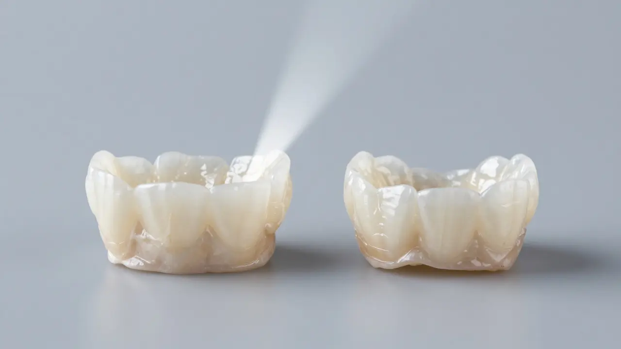 Srovnání zirkonové korunky a vrstvené keramiky s důrazem na propustnost světla.