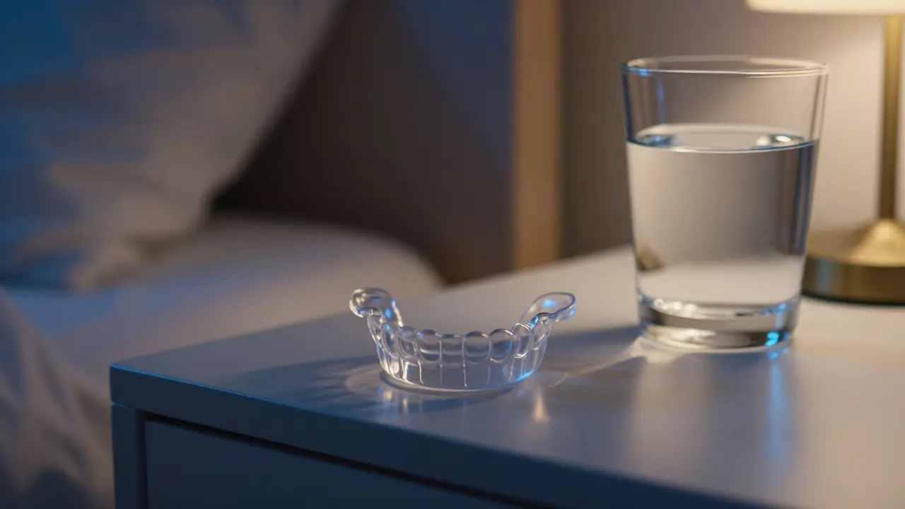 Transparentní noční šina na nočním stolku pro ochranu zubů před skřípáním.